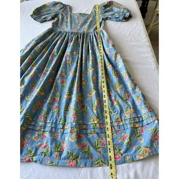 VTG Komil Honolulu Dress Square Neck MIDI Blue Floral A-line Puff Sleeves SM - Picture 7 of 11